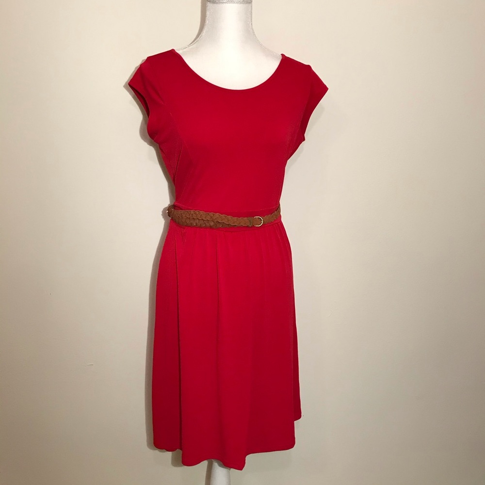 Outback Red Dress Brown Woven Belt Short Sleeve Stretchy Knit Medium